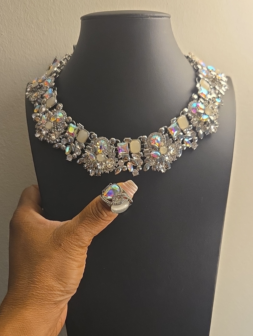 Iridescent Crystal Statement Necklace - Silver